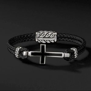 David Yurman BLACK ONYX AND STERLING SILVER BLACK LEATHER BRACELET